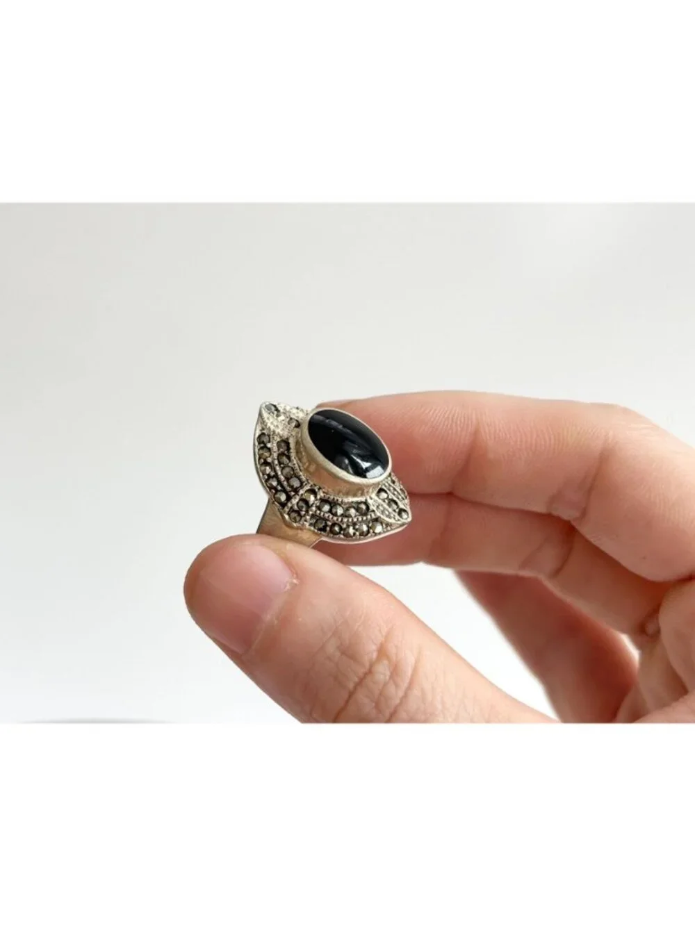 Black Onyx Marcasite Framed Art Deco Sterling Silver 925 Vintage Ring - sz 7.75